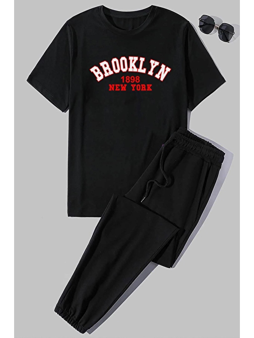 Trendsizde Unisex Brooklyn Baskılı Tişört Alt Eşofman Takımı L Siyah