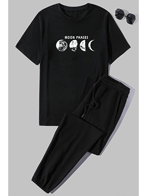 Trendsizde Unisex Moon Phases Desenli Tişört Alt Eşofman Takımı XXL Siyah