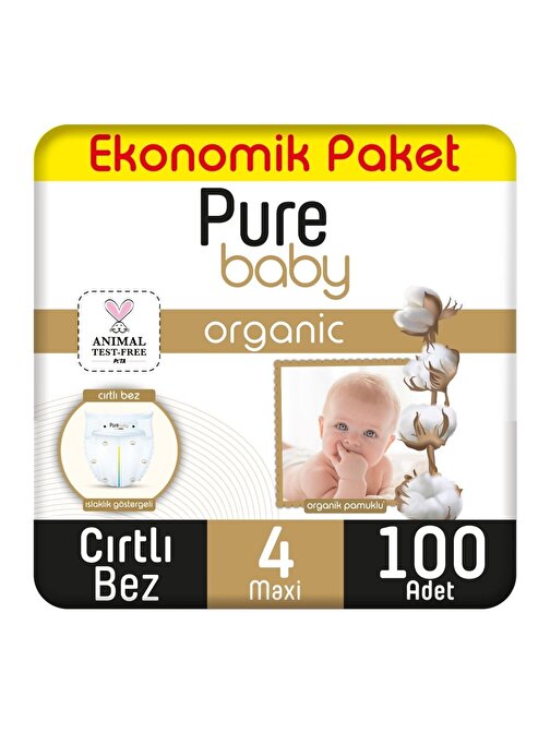 Pure Baby Organik Pamuklu Cırtlı 7 - 14 kg 4 Numara Ekonomik Paket Bebek Bezi 100 Adet