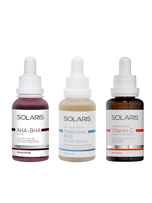 Solaris Cilt Tonu Eşitleyici Aha %10 + Bha %2 Serum 30 ml Ve Hyaluronik Asit Serum 30 ml Ve Leke Karşıtı C Vitamini Serum 30 ml