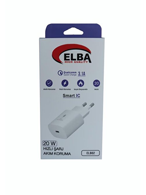 ELBA ELB02-20WPD 20W USB-C PD 3.0 - QC4.0 Akıllı Korumalı Isıya Dayanıklı Şarj Kafası Beyaz