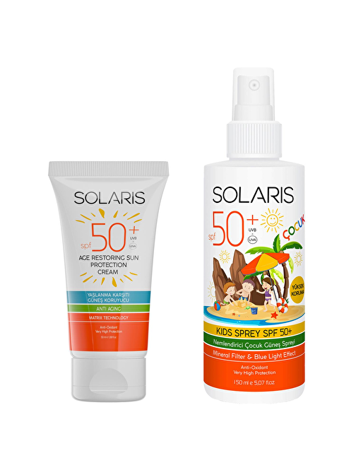 Solaris Güneş Kremi Yaşlanma Karşıtı Spf 50+ (50 ml) Ve Çocuk Güneş Kremi Sprey Spf 50+ Yüksek Koruma (150 ml)