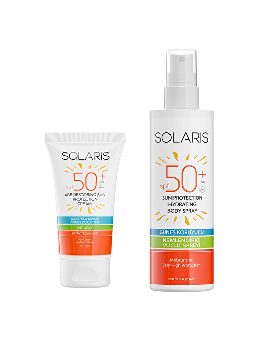 Solaris Güneş Kremi Yaşlanma Karşıtı Spf50+ 50 ml + Güneş Koruyucu Krem Sprey Spf50+ Yüksek Koruma 200 ml