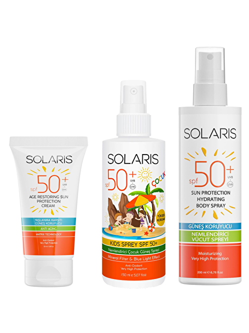 Solaris Güneş Kremi Yaşlanma Karşıtı Spf50+ 50 ml + Çocuk Güneş Kremi Sprey Spf50+ 150 ml + Yetişkin Güneş Koruyucu Krem Sprey Spf50+ 200 ml