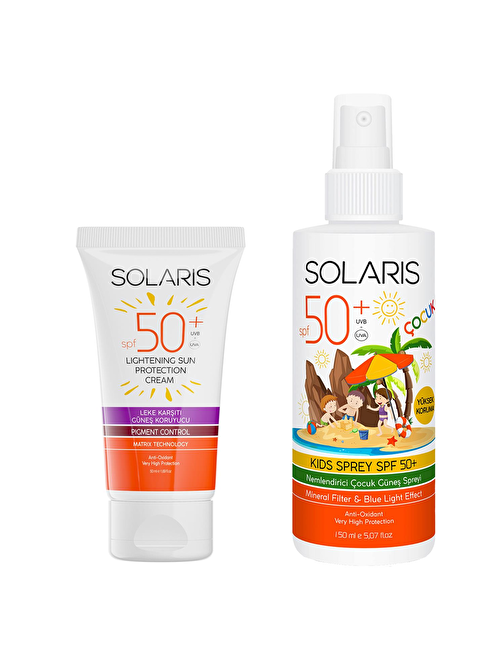 Solaris Güneş Kremi Leke Karşıtı Spf50+ 50 ml + Çocuk Güneş Kremi Sprey Spf50+ Yüksek Koruma 150 ml