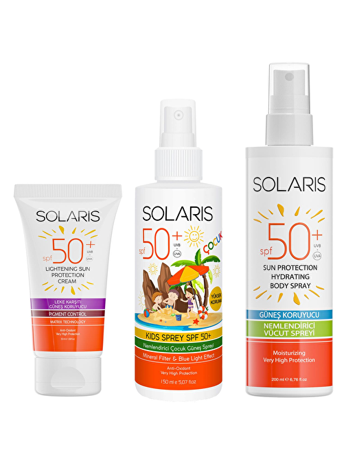Solaris Leke Karşıtı Spf50+ 50 ml + Çocuk Güneş Kremi Sprey Spf50+ 150 ml + Yetişkin Güneş Koruyucu Krem Sprey Spf50+ 200 ml