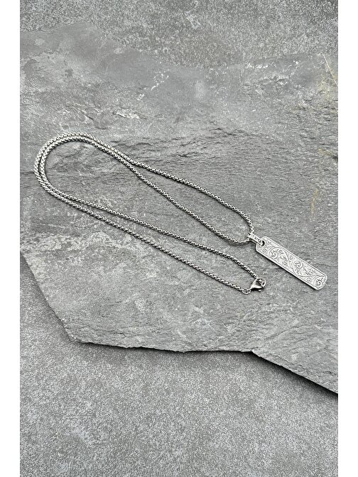 FRNCH 316L Çelik Zincirli Şal Desen Figürlü Gümüş Renkli Erkek Kolye FRJ30604-704-A