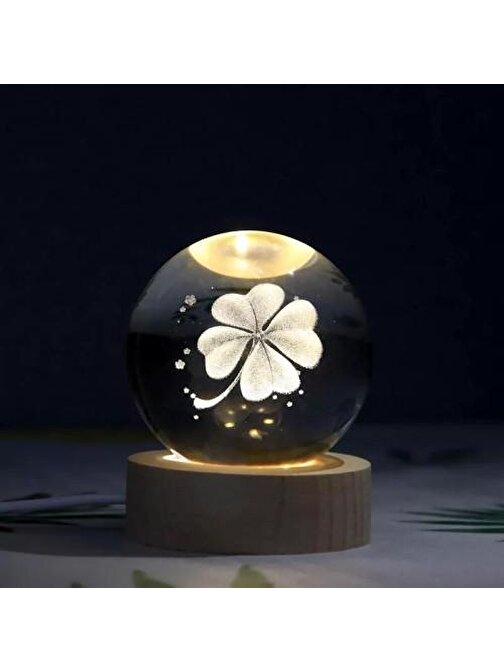 Hilalshop Dekoratif Çiçek Tasarımlı Ahşap Altlıklı Işıklı Cam Küre Büyük Boy Cam:8Cm Ahşap:2Cm