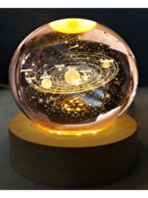 Hilalshop Dekoratif Gezegen Tasarımlı Ahşap Altlıklı Işıklı Cam Küre Büyük Boycam:8Cm Ahşap:2Cm