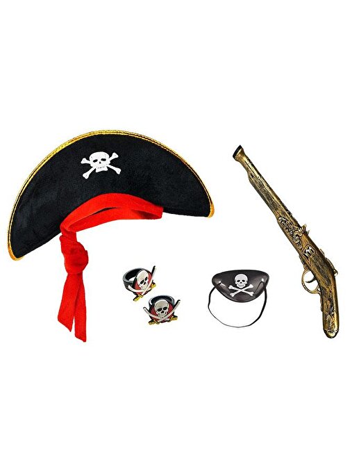 XMARKETTR Korsan Şapkası + Tabanca + Maske + 2 Adet Yüzük Kostüm Seti Çocuk