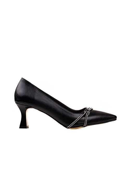 M2S Siyah Orta Topuk Kadın Taşlı Klasik Ayakkabı
