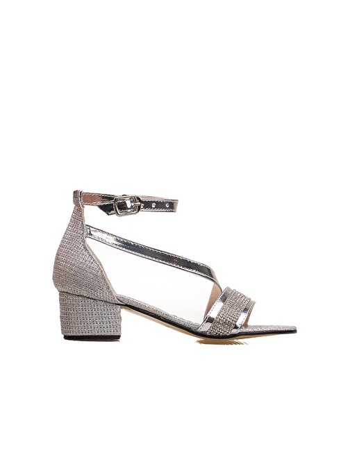 M2S Gümüş Saten Simli Taş Detaylı Kız Çocuk Klasik Ayakkabı