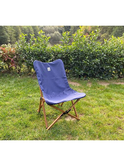 Bag The Joy Ahşap Katlanır Kamp & Bahçe Sandalyesi Kahverengi İskelet Lacivert Kılıf
