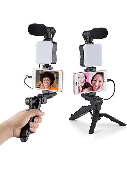 Pazariz Profesyonel Selfie Mikrofon Tripod İle Led Işık Stüdyo Mikrofon Kayıt Mikrofon Vlog İçin
