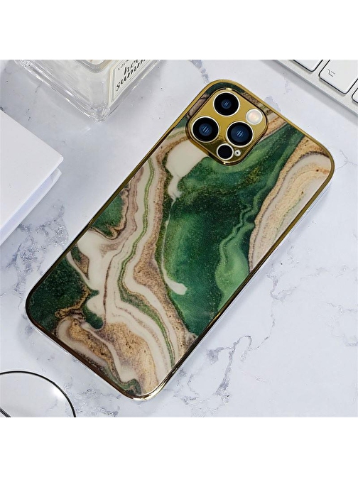 Joyroom İphone 13 Pro Max Marble Parlak Mermer Desenli Cam Telefon Kılıfı