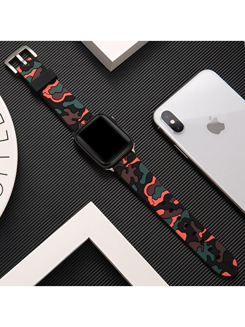 E2M Apple Watch 42 - 44 mm KRD24 Kamuflaj Akıllı Saat Kordonu Açık Kahve