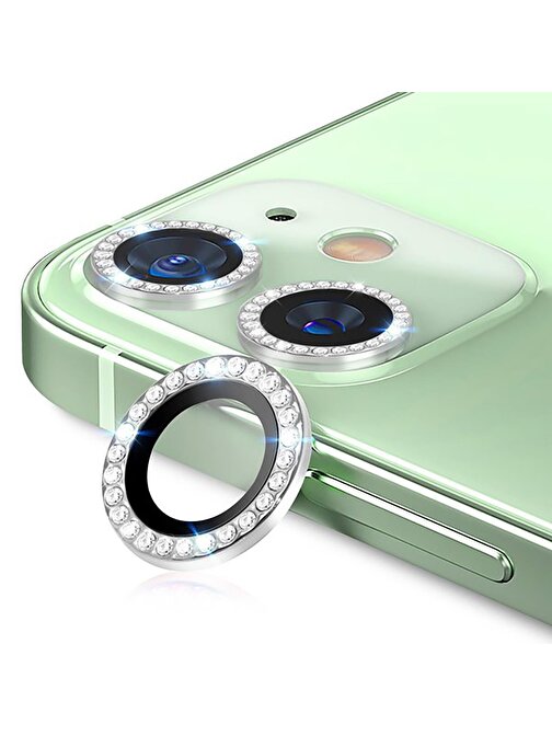 Bipower Binano iPhone 11 - 12 - 12 Mini Taşlı Kamera Lens Koruyucu Gümüş