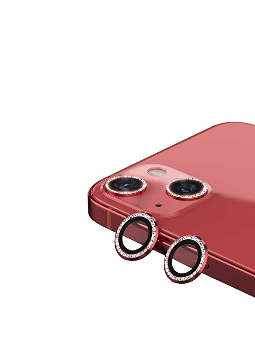 Bipower Binano iPhone 11 - 12 - 12 Mini Taşlı Kamera Lens Koruyucu Kırmızı
