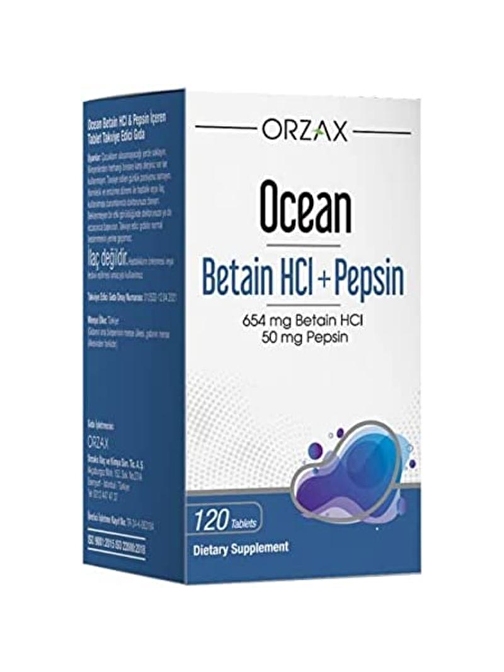 Orzax Ocean Betain Hcı+ Pepsin Takviye Edici Gıda 120 Tablet