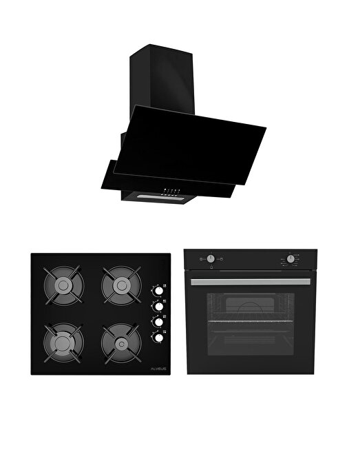 Alveus AD07 - A10 - AF850 Dijital Göstergeli Gazlı Cam 3'lü Ankastre Set Siyah