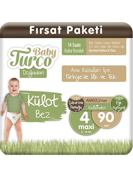 Baby Turco Doğadan Külot 7 - 14 kg 4 Numara Bebek Bezi 90 Adet