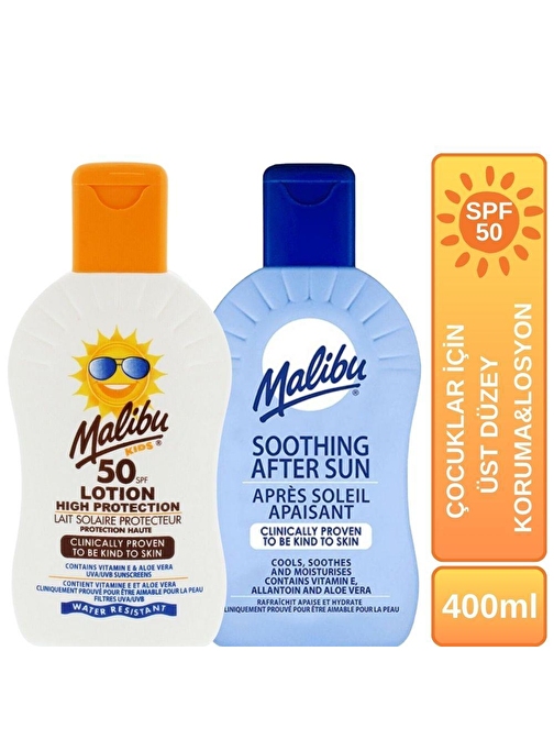 Malibu Güneş Koruyucu + Güneş Sonrası Yatıştırıcı Çocuklar İçin Spf50 Üst Düzey Korumalı Losyon