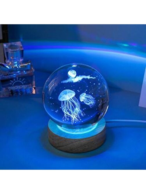 Xmarkettr Dekoratif Deniz Anası Tasarımlı Ahşap Altlıklı Işıklı Cam Küre Cam:6Cm Ahşap:2Cm