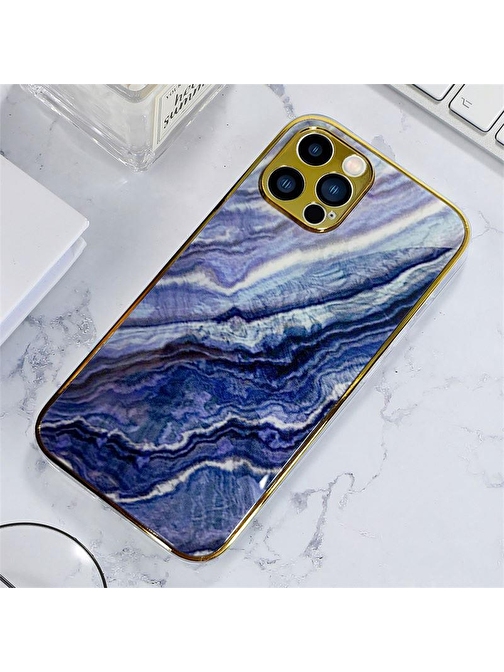 Joyroom İphone 12 Pro Max Marble Parlak Mermer Desenli Cam Telefon Kılıfı