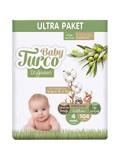 Baby Turco Doğadan 7 - 14 kg 4 Numara Ultra Fırsat Paketi Bebek Bezi 104 Adet