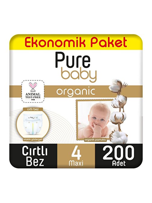Pure Baby Organik Pamuklu Cırtlı 4 Numara Ekonomik Paket Bebek Bezi 200 Adet
