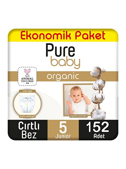 Pure Baby Organik Pamuklu Cırtlı 5 Numara Ekonomik Paket Bebek Bezi 152 Adet