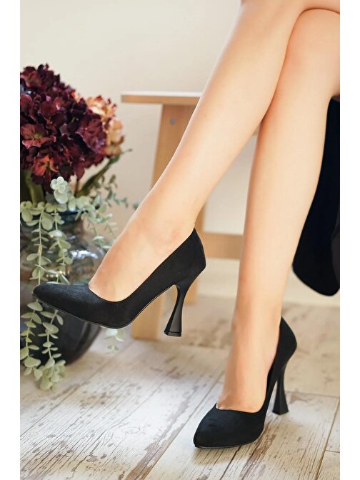 0103 Siyah Süet Kadın Klasik Topuklu Ayakkabı