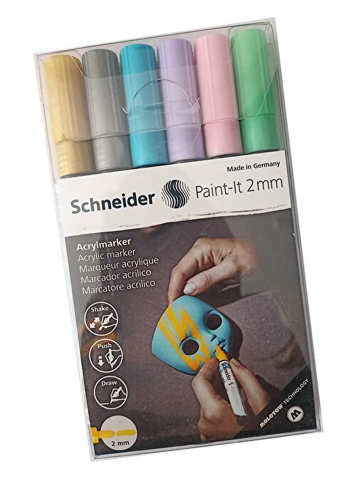 Schneıder Akrilik Markör 2Mm 6 Pastel Parlak Renkler Set 1 Paket Metal Cam Mantar Plastik Kumaş Deri Beton Boyama İçin İdeal