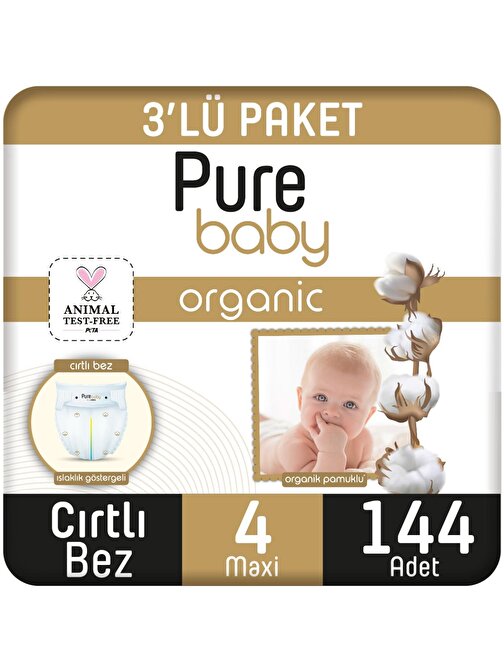 Pure Baby Organik Pamuklu Cırtlı 7 - 18 kg 4 Numara Bebek Bezi 144 Adet