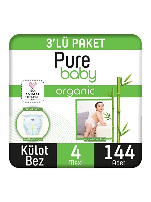 Pure Baby Organik Bambu Özlü Külot 7 - 18 kg 4 Numara Bebek Bezi 144 Adet