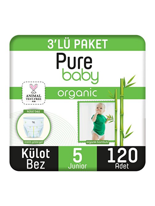 Pure Baby Organik Bambu Özlü Külot 11 - 18 kg 5 Numara Bebek Bezi 120 Adet