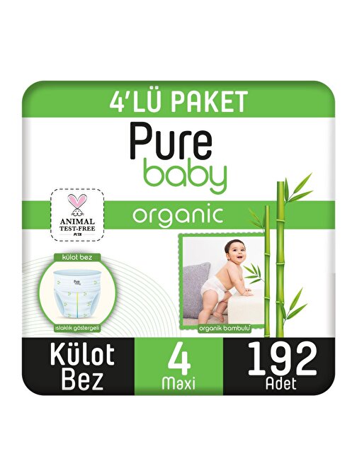 Pure Baby Organik Bambu Özlü Külot 7 - 18 kg 4 Numara Bebek Bezi 192 Adet