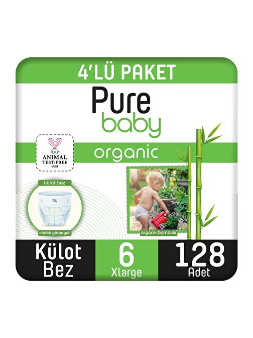 Pure Baby Organik Bambu Özlü Külot 15 + kg 6 Numara Bebek Bezi 128 Adet