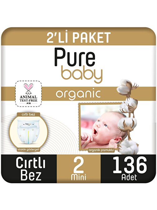 Pure Baby Organik Pamuklu Cırtlı 3 - 6 kg 2 Numara Bebek Bezi 136 Adet