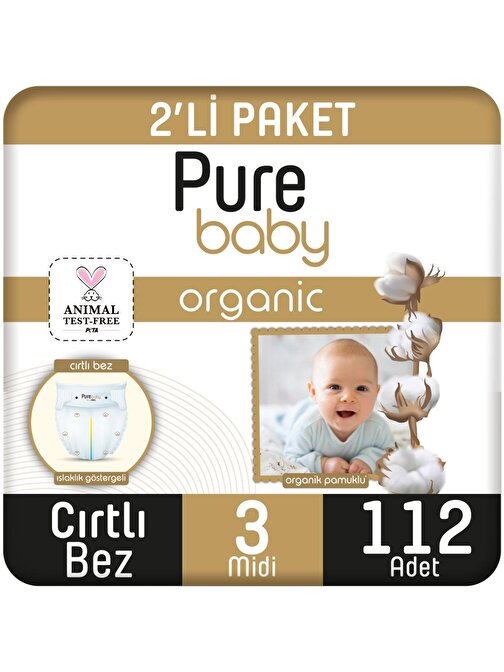 Pure Baby Organik Pamuklu Cırtlı 4 - 9 kg 3 Numara Bebek Bezi 112 Adet