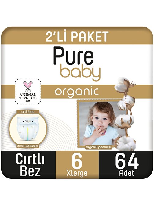 Pure Baby Organik Pamuklu Cırtlı Bez 2'li Paket 6 Numara Xlarge 64 Adet