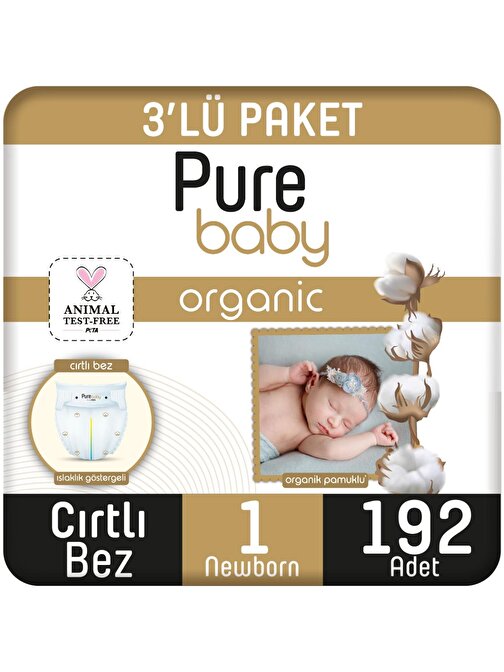 Pure Baby Organik Pamuklu Cırtlı 2 - 5 kg 1 Numara Bebek Bezi 192 Adet