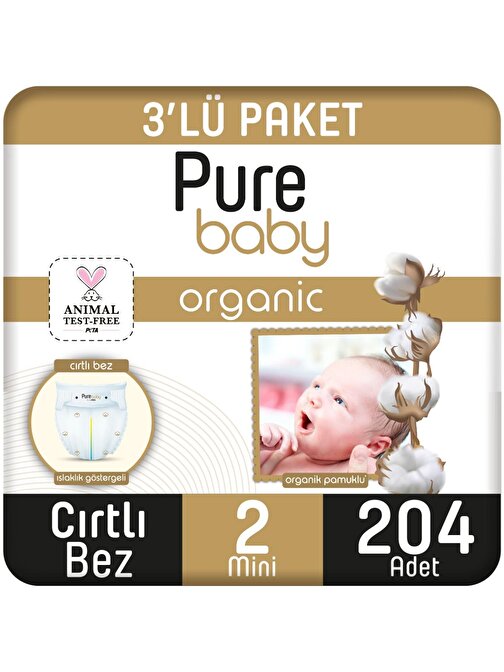 Pure Baby Organik Pamuklu Cırtlı 3 - 6 kg 2 Numara Bebek Bezi 204 Adet