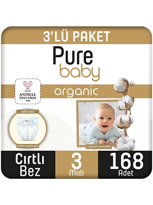 Pure Baby Organik Pamuklu Cırtlı 4 - 9 kg 3 Numara Bebek Bezi 168 Adet