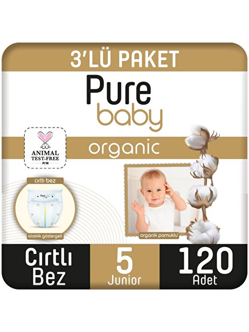 Pure Baby Organik Pamuklu Cırtlı 11 - 18 kg 5 Numara Bebek Bezi 120 Adet