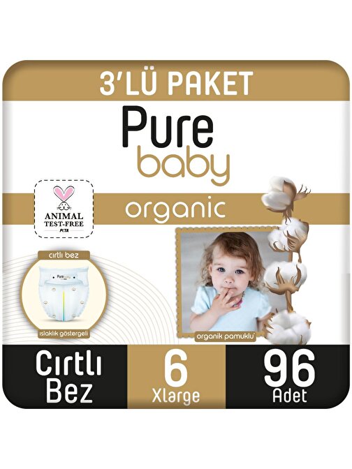 Pure Baby Organik Pamuklu Cırtlı 18 - 24 kg 6 Numara Bebek Bezi 96 Adet