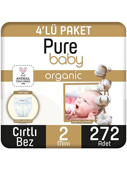 Pure Baby Organik Pamuklu Cırtlı 3 - 6 kg 2 Numara Bebek Bezi 272 Adet