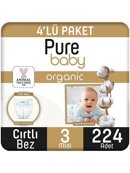 Pure Baby Organik Pamuklu Cırtlı 4 - 9 kg 3 Numara Bebek Bezi 224 Adet