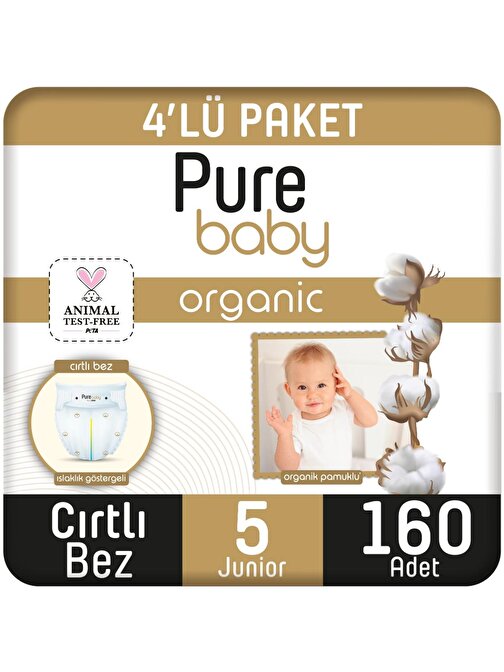 Pure Baby Organik Pamuklu Cırtlı 11 - 18 kg 5 Numara Bebek Bezi 160 Adet