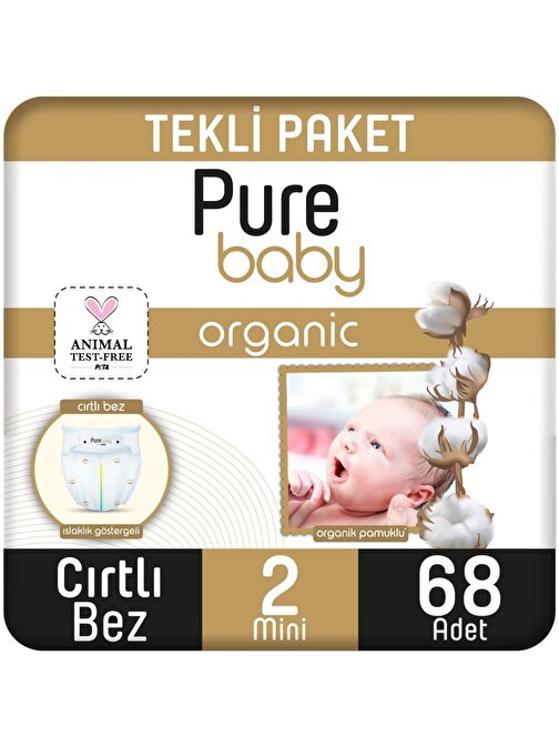 Pure Baby Organik Pamuklu Cırtlı 2 Numara Bebek Bezi 68 Adet